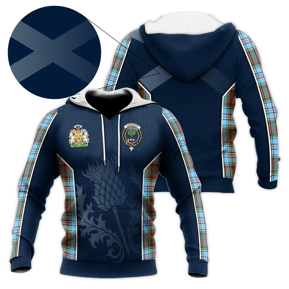 Anderson Ancient Tartan Knitted Hoodie with Family Crest and Scottish Thistle Vibes Sport Style