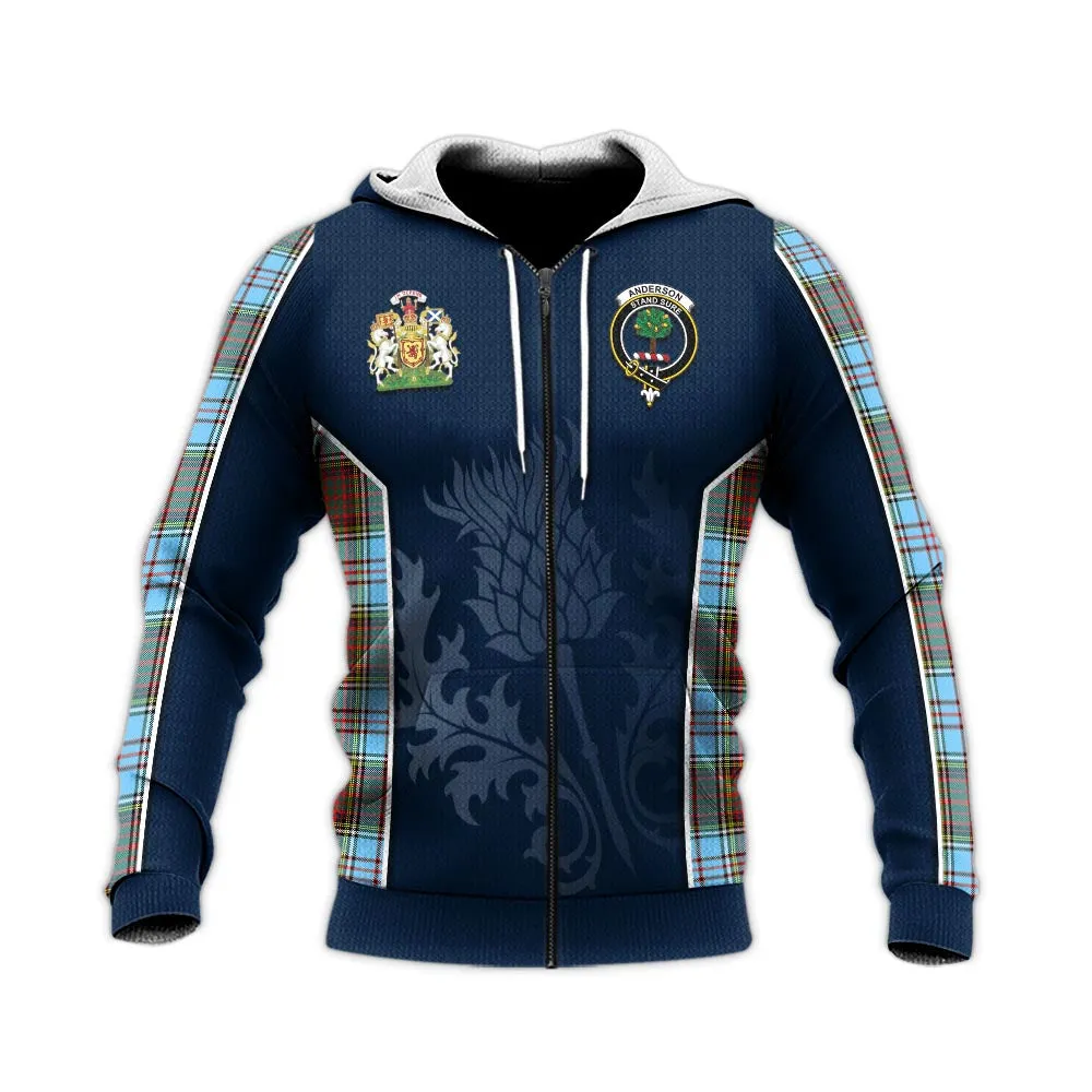 Anderson Ancient Tartan Knitted Hoodie with Family Crest and Scottish Thistle Vibes Sport Style