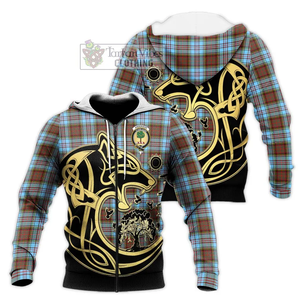 Anderson Ancient Tartan Knitted Hoodie with Family Crest Celtic Wolf Style