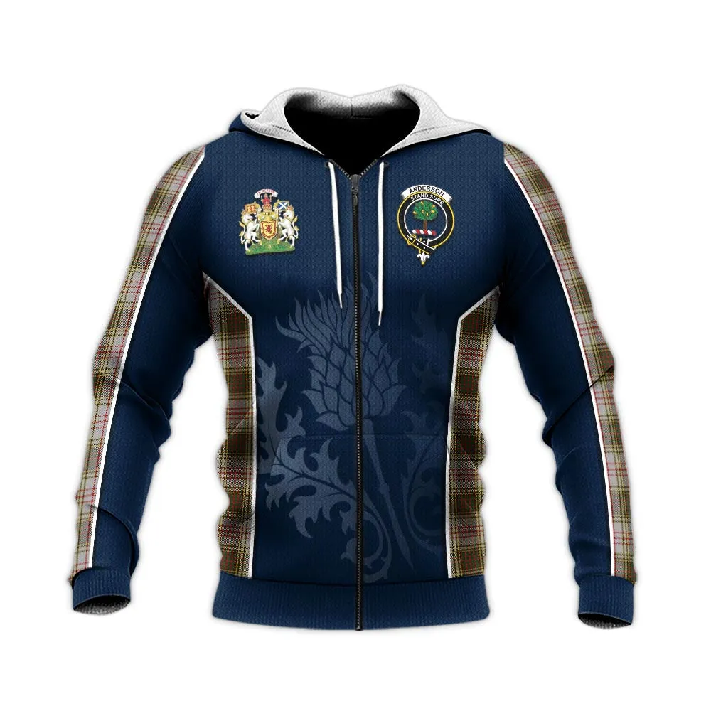 Anderson Dress Tartan Knitted Hoodie with Family Crest and Scottish Thistle Vibes Sport Style