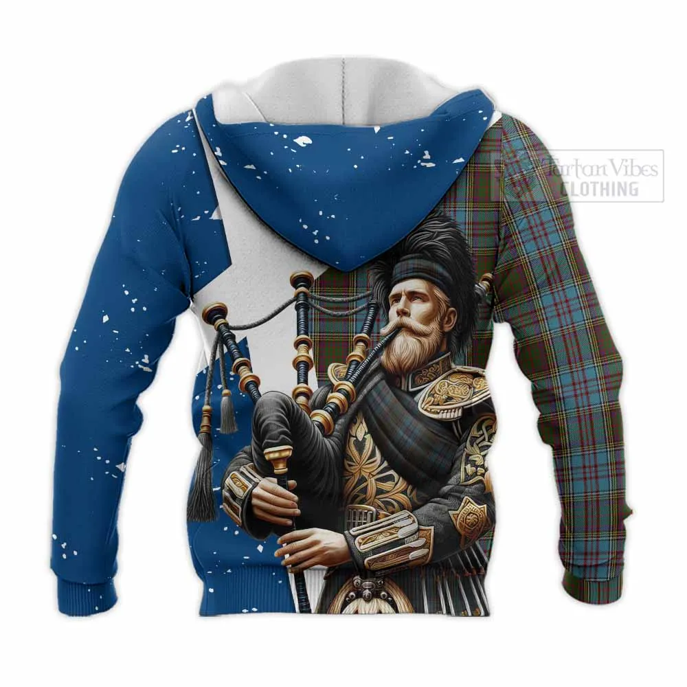 Anderson Tartan Knitted Hoodie with Family Crest Scottish Bagpiper Vibes