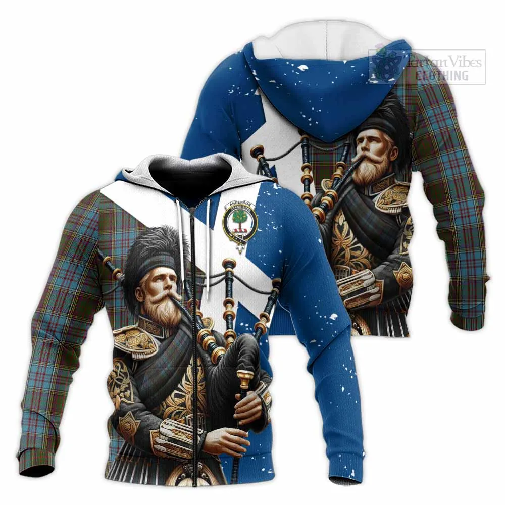 Anderson Tartan Knitted Hoodie with Family Crest Scottish Bagpiper Vibes