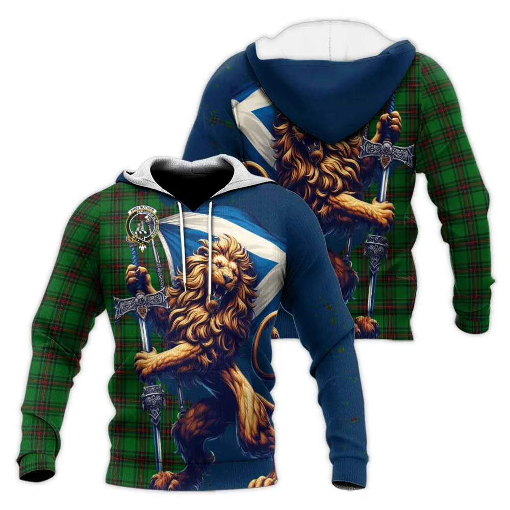 Anstruther Tartan Family Crest Knitted Hoodie with Scottish Majestic Lion