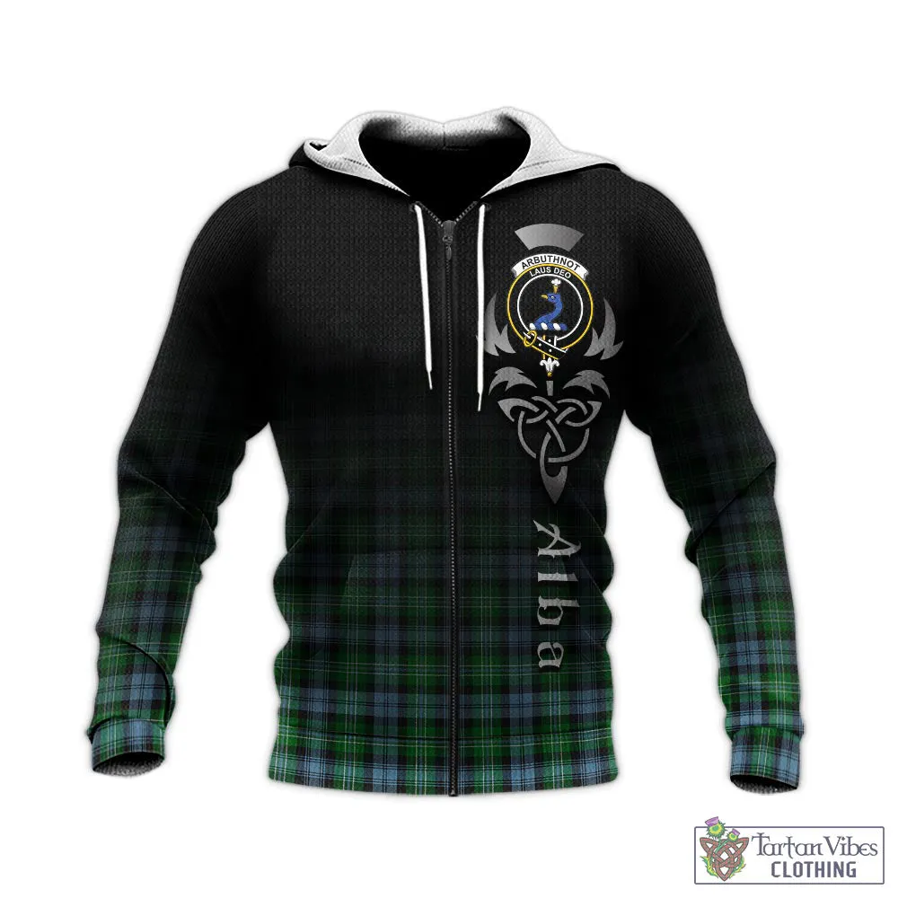 Arbuthnot Ancient Tartan Knitted Hoodie Featuring Alba Gu Brath Family Crest Celtic Inspired