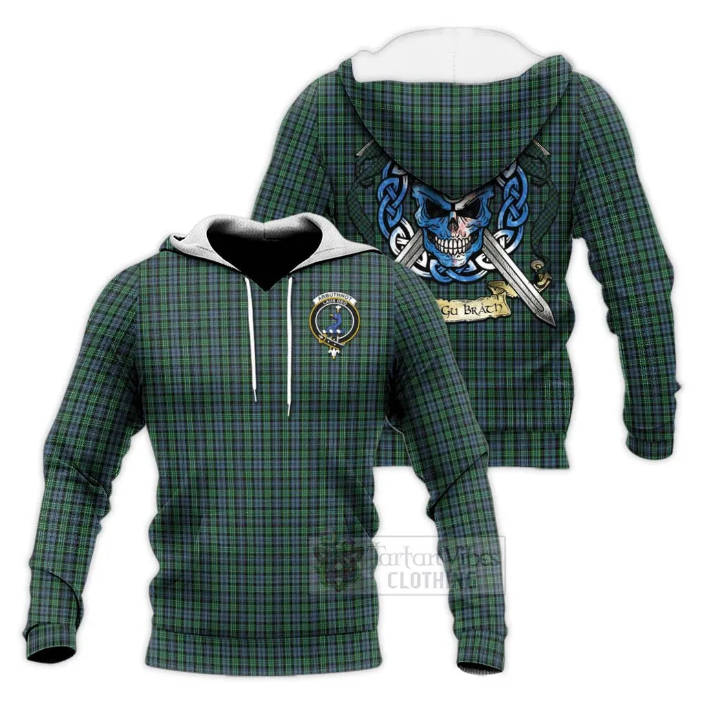 Arbuthnot Tartan Knitted Hoodie with Family Crest Celtic Skull Style