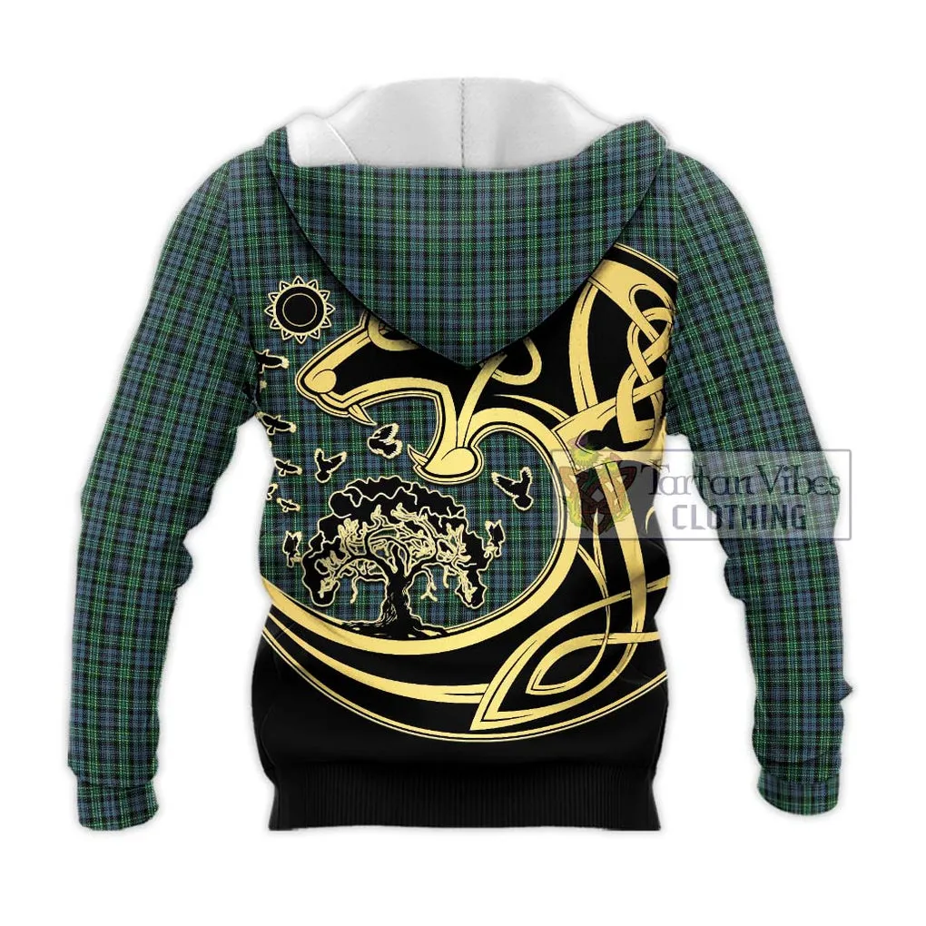 Arbuthnot Tartan Knitted Hoodie with Family Crest Celtic Wolf Style