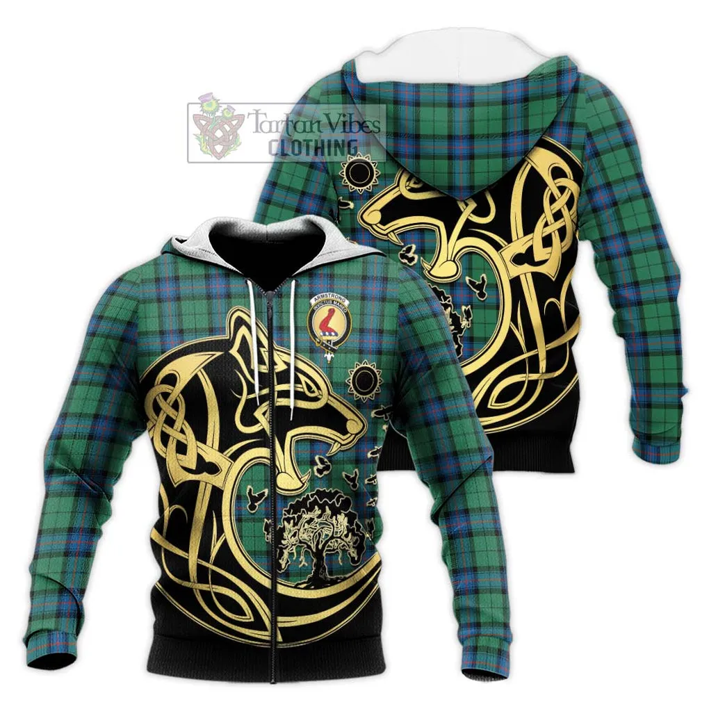 Armstrong Ancient Tartan Knitted Hoodie with Family Crest Celtic Wolf Style