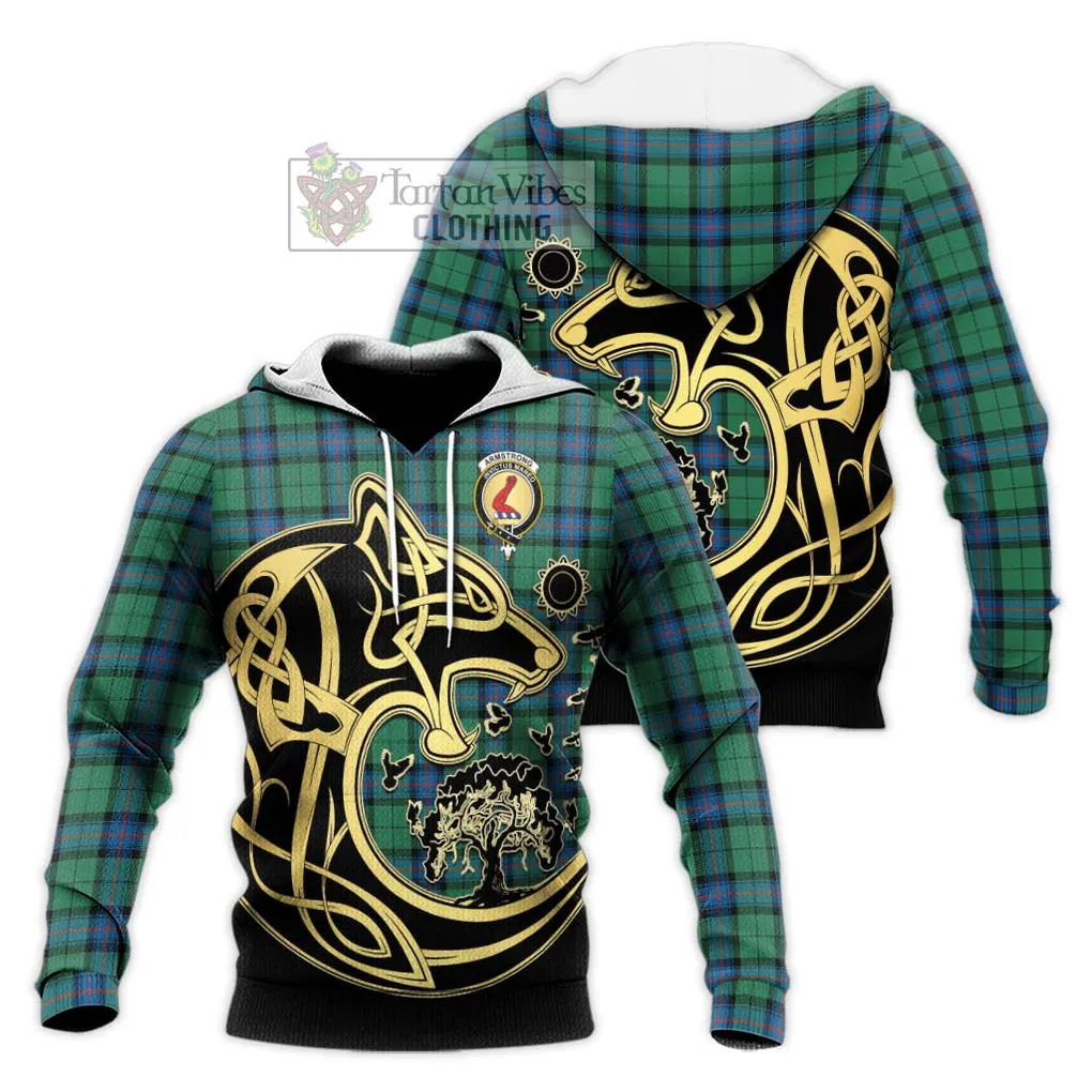 Armstrong Ancient Tartan Knitted Hoodie with Family Crest Celtic Wolf Style