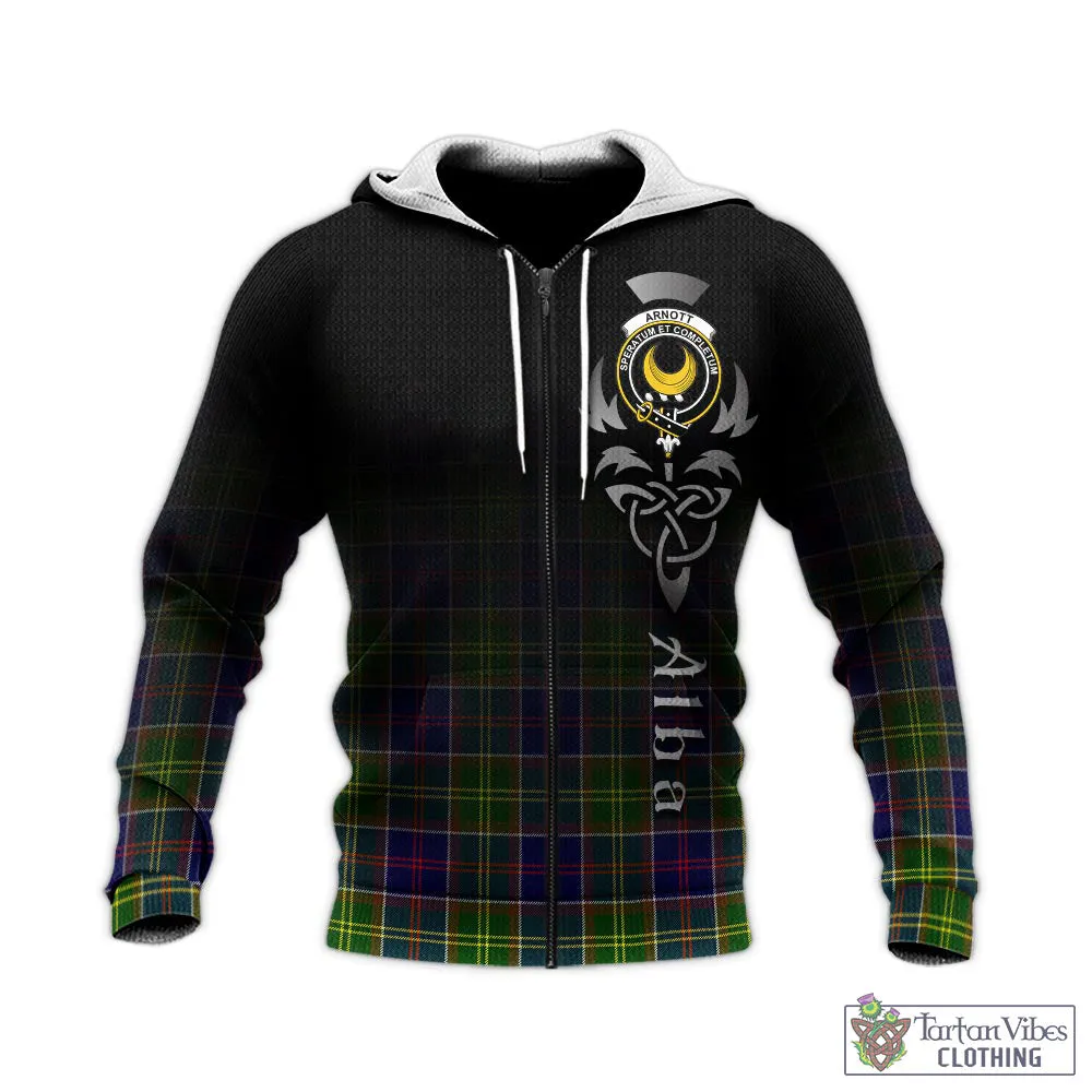 Arnott Tartan Knitted Hoodie Featuring Alba Gu Brath Family Crest Celtic Inspired