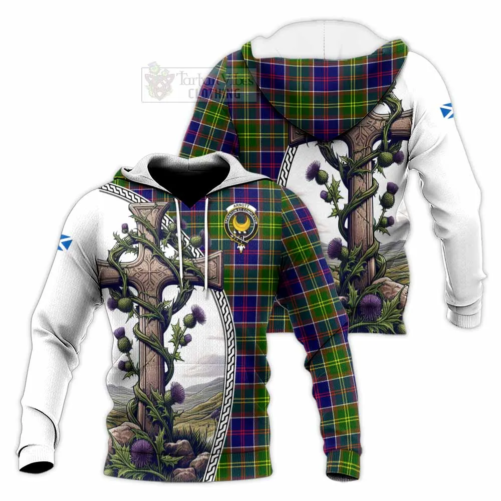 Arnott Tartan Knitted Hoodie with Family Crest and St. Andrew's Cross Accented by Thistle Vines