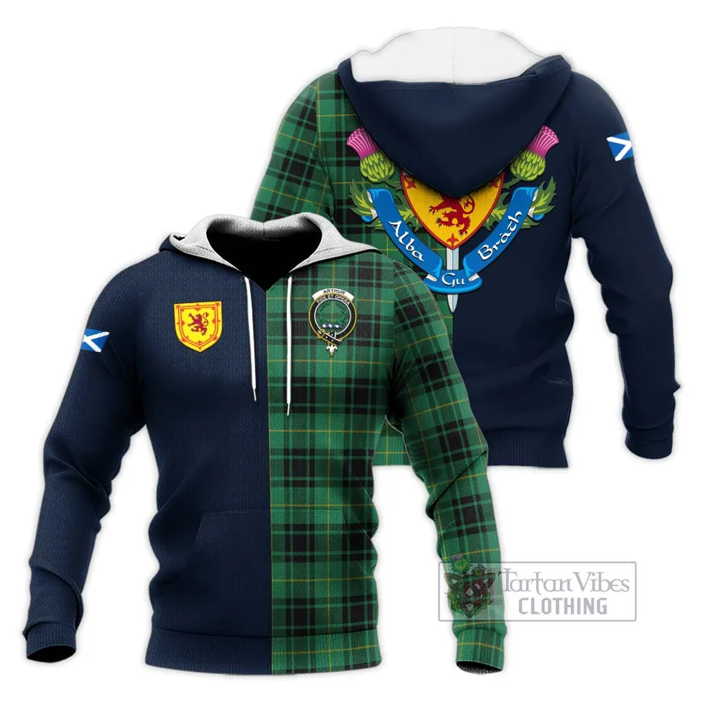 Arthur Ancient Tartan Knitted Hoodie Alba with Scottish Lion Royal Arm Half Style