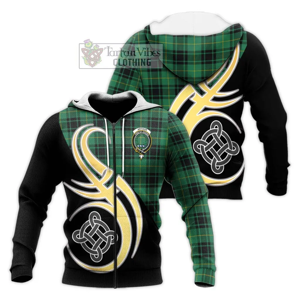 Arthur Ancient Tartan Knitted Hoodie with Family Crest and Celtic Symbol Style