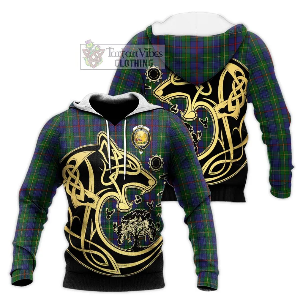 Bailey Tartan Knitted Hoodie with Family Crest Celtic Wolf Style