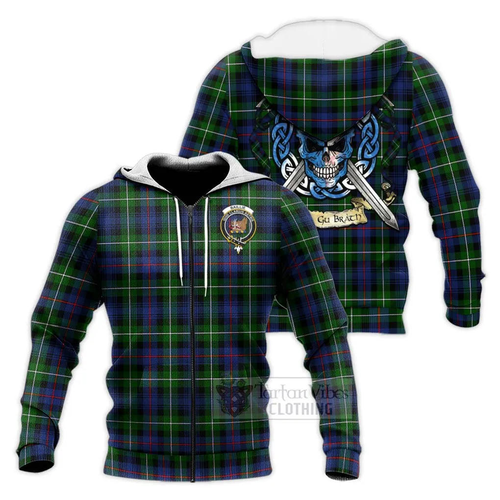 Baillie (Bailey) Tartan Knitted Hoodie with Family Crest Celtic Skull Style