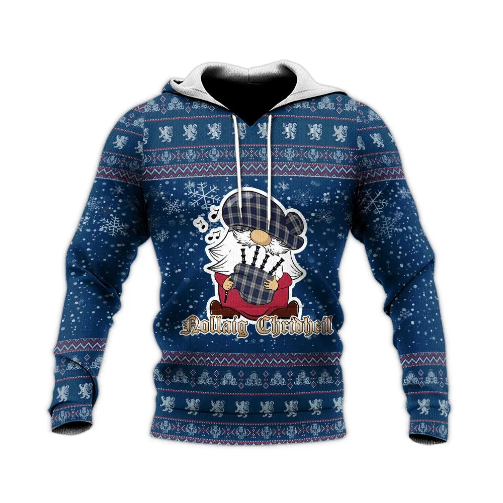 Baird Dress Clan Christmas Knitted Hoodie with Funny Gnome Playing Bagpipes