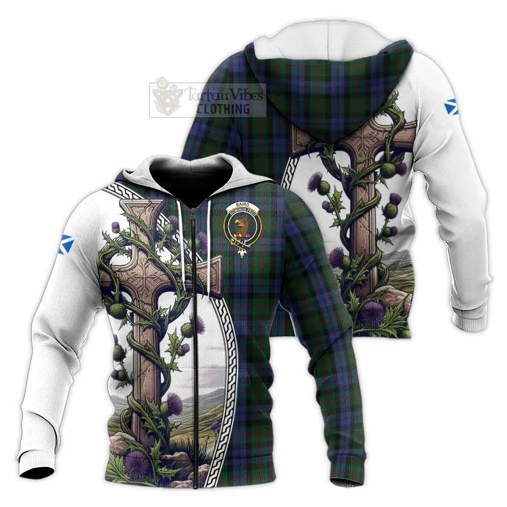 Baird Tartan Knitted Hoodie with Family Crest and St. Andrew's Cross Accented by Thistle Vines