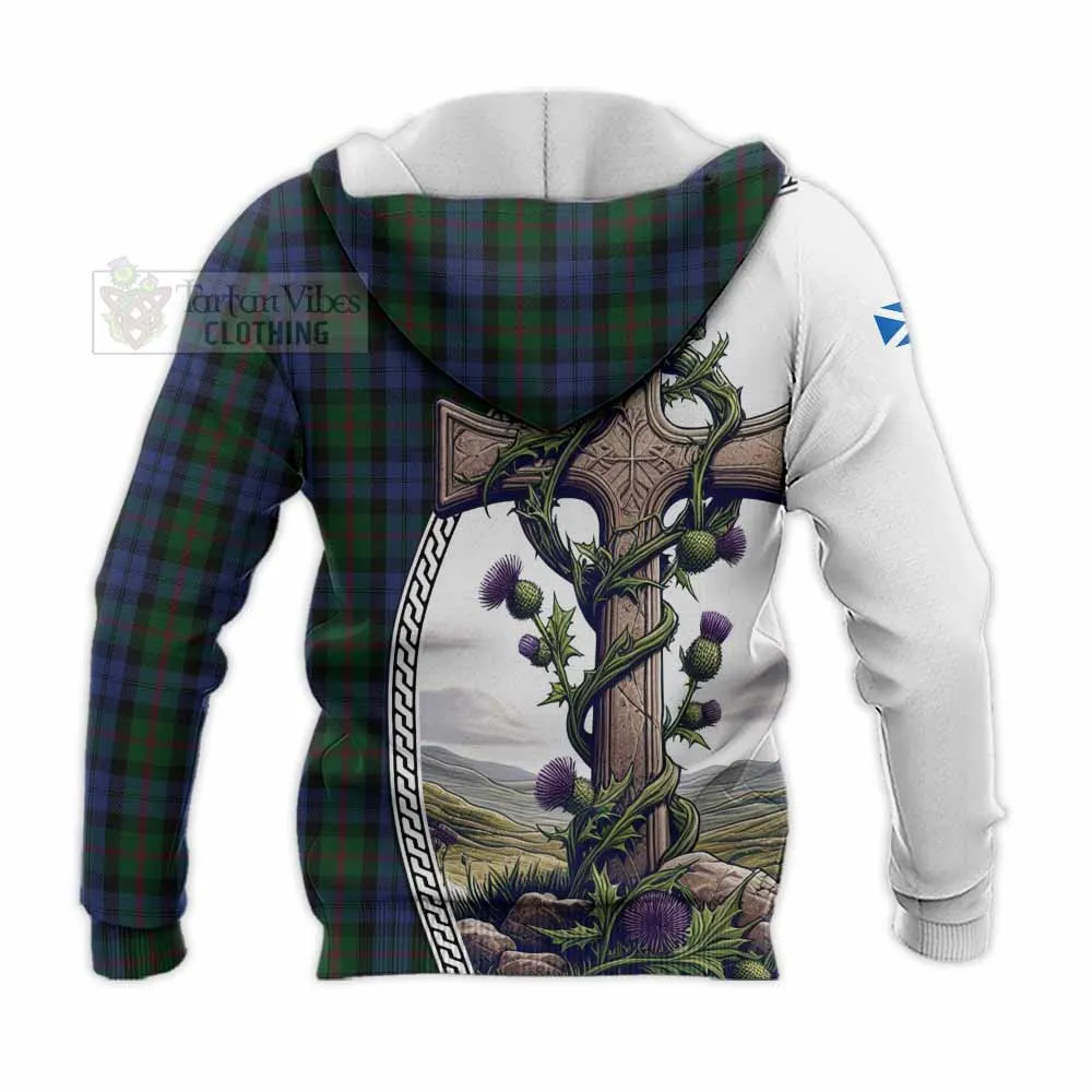 Baird Tartan Knitted Hoodie with Family Crest and St. Andrew's Cross Accented by Thistle Vines