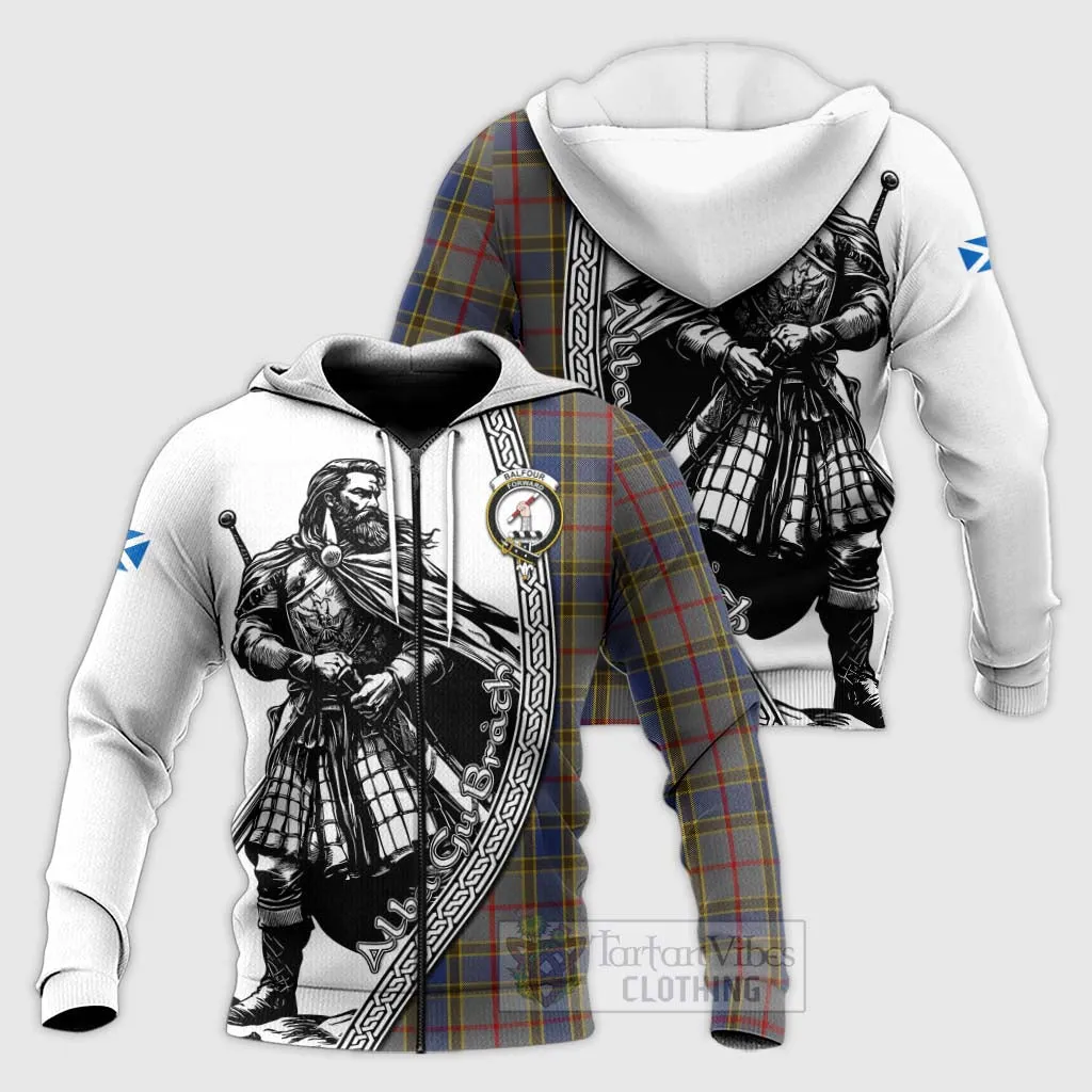 Balfour Tartan Clan Crest Knitted Hoodie with Highlander Warrior Celtic Style