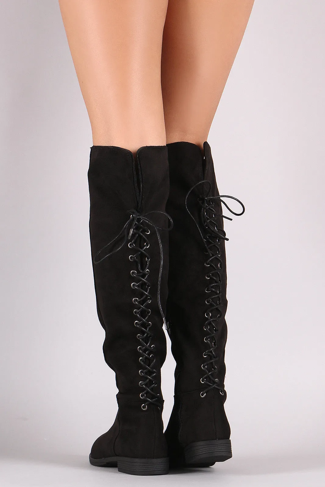 Bamboo Faux Suede Lace Back Knee High Boots