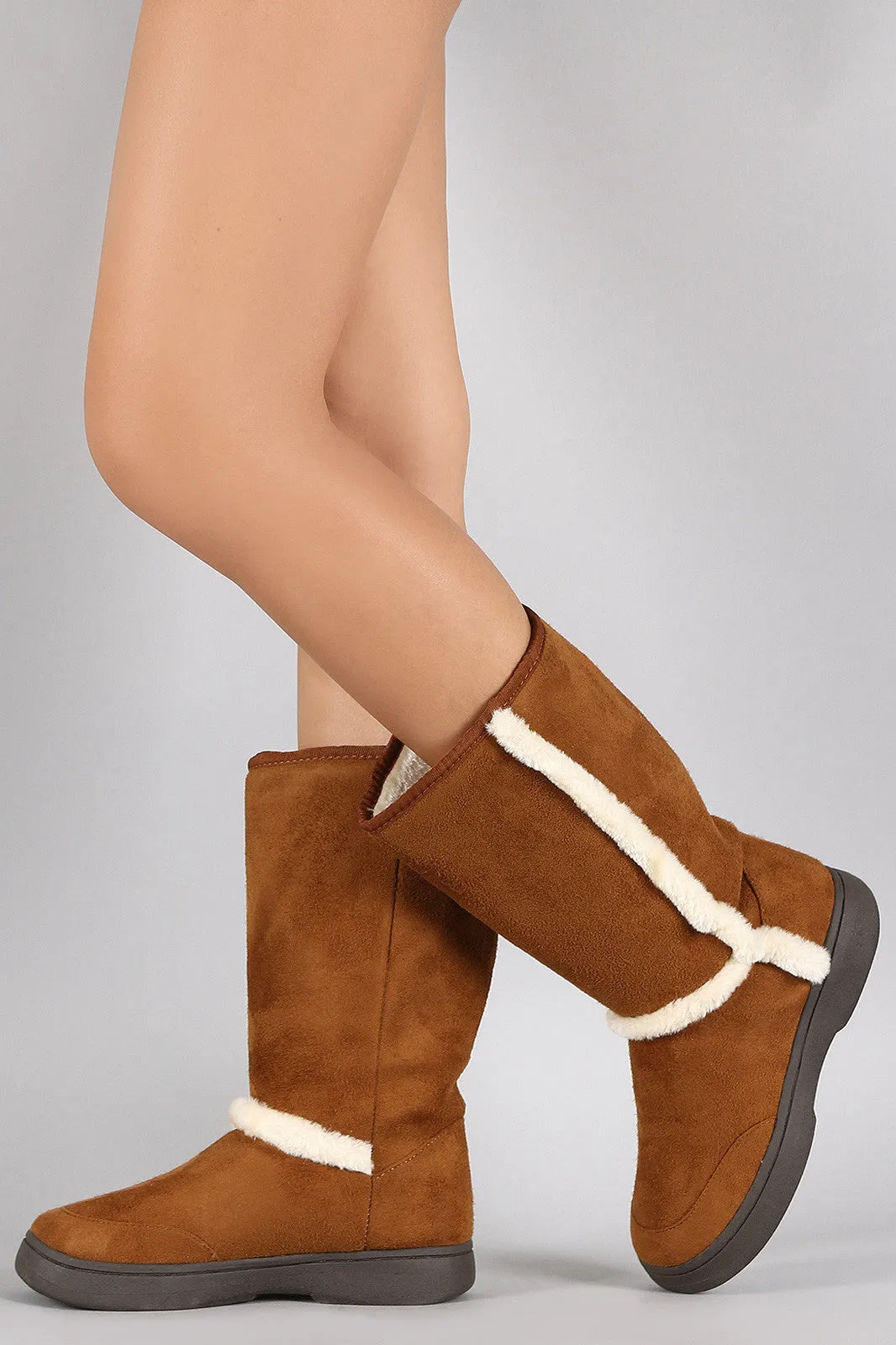 Bamboo Suede Fur Trim Round Toe Mid Calf Flat Boots