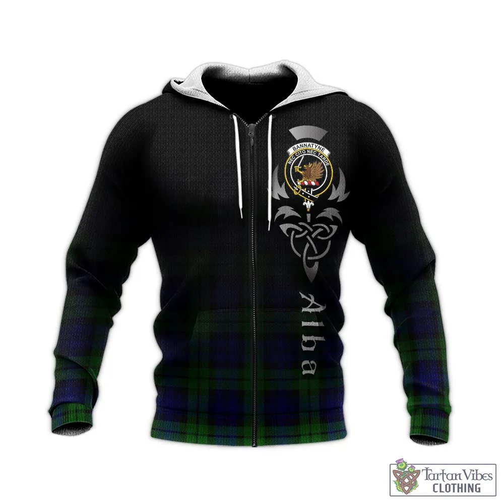 Bannatyne Tartan Knitted Hoodie Featuring Alba Gu Brath Family Crest Celtic Inspired