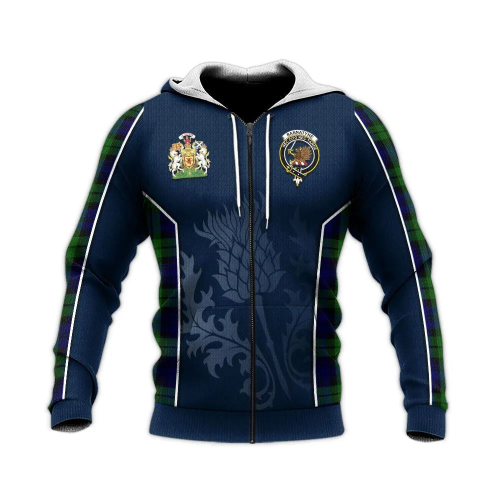 Bannatyne Tartan Knitted Hoodie with Family Crest and Scottish Thistle Vibes Sport Style