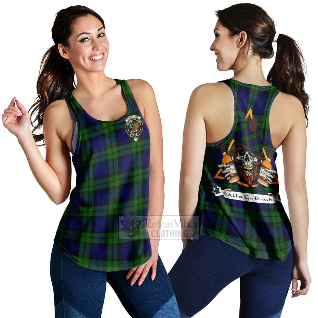 Bannatyne Tartan Women's Racerback Tanks with Family Crest and Bearded Skull Holding Bottles of Whiskey