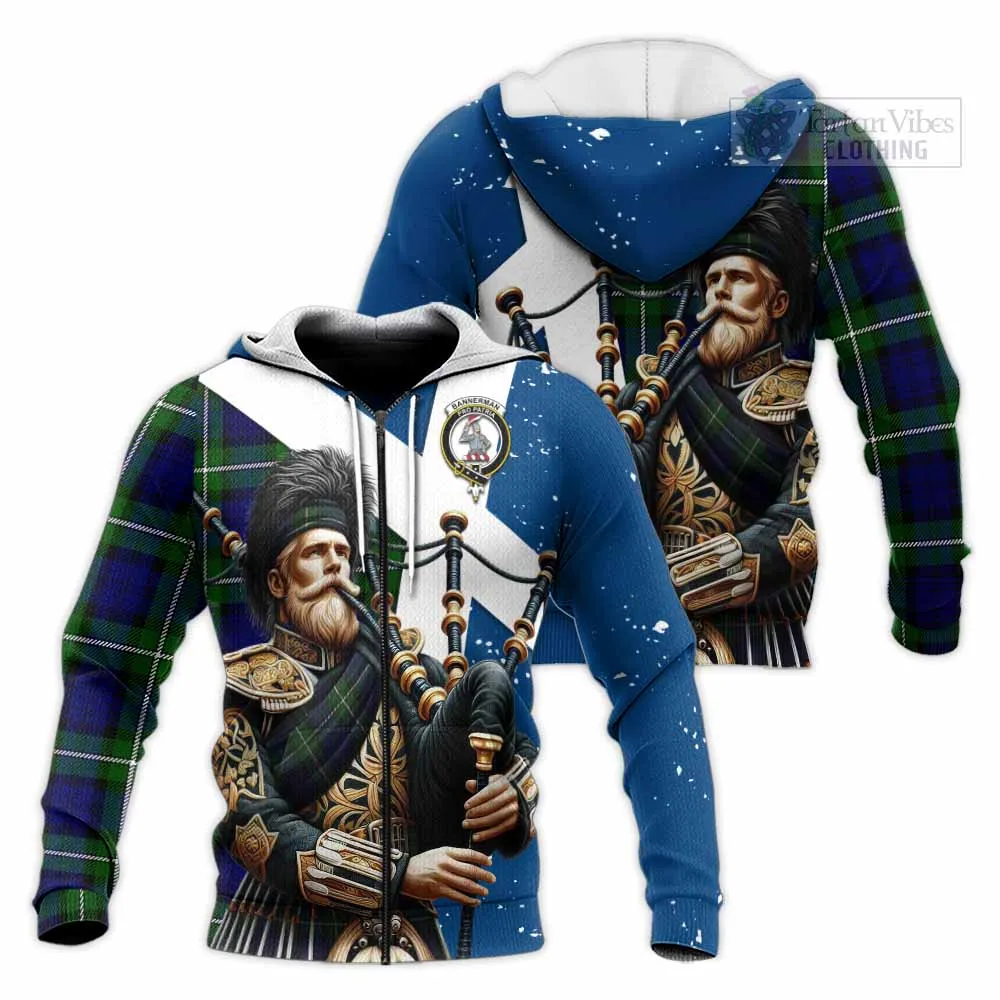 Bannerman Tartan Knitted Hoodie with Family Crest Scottish Bagpiper Vibes