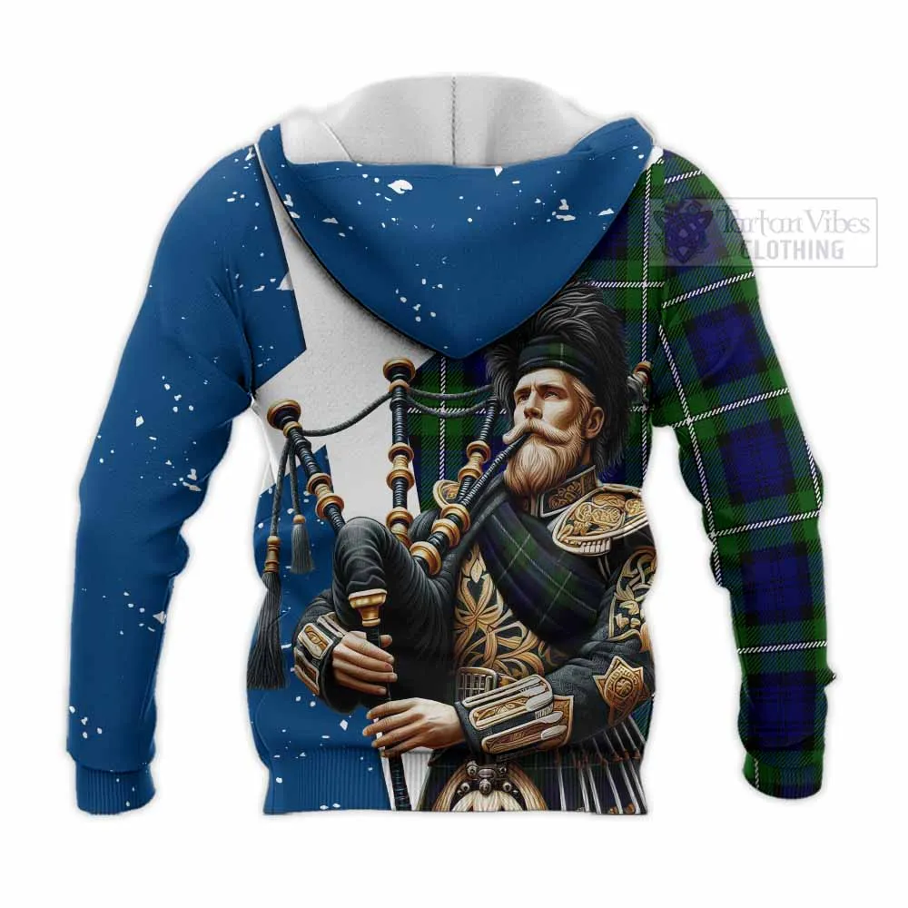 Bannerman Tartan Knitted Hoodie with Family Crest Scottish Bagpiper Vibes