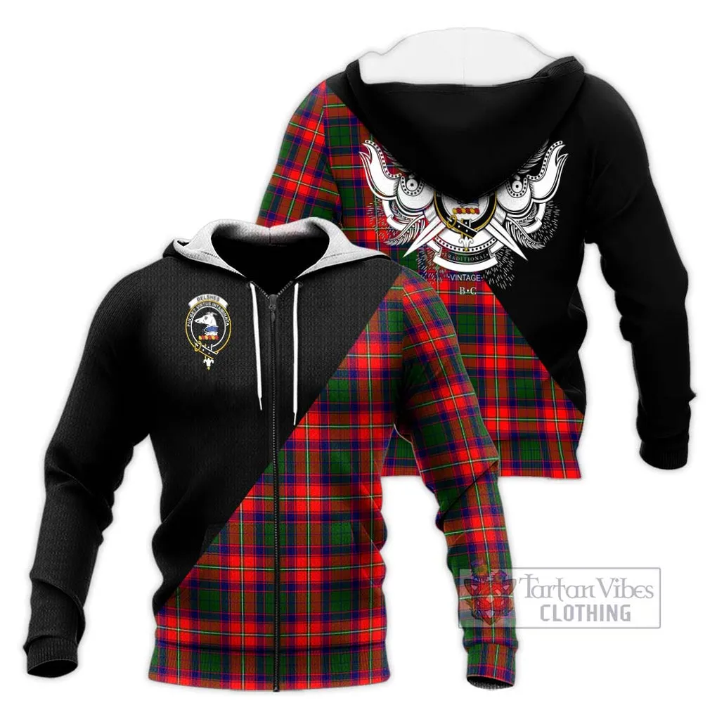 Belshes Tartan Knitted Hoodie with Family Crest and Military Logo Style