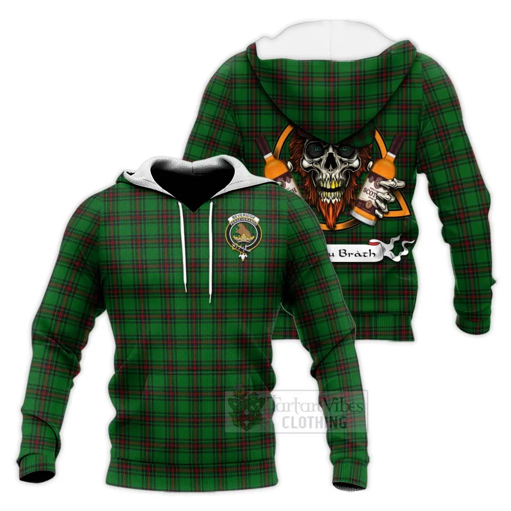 Beveridge Tartan Knitted Hoodie with Family Crest and Bearded Skull Holding Bottles of Whiskey