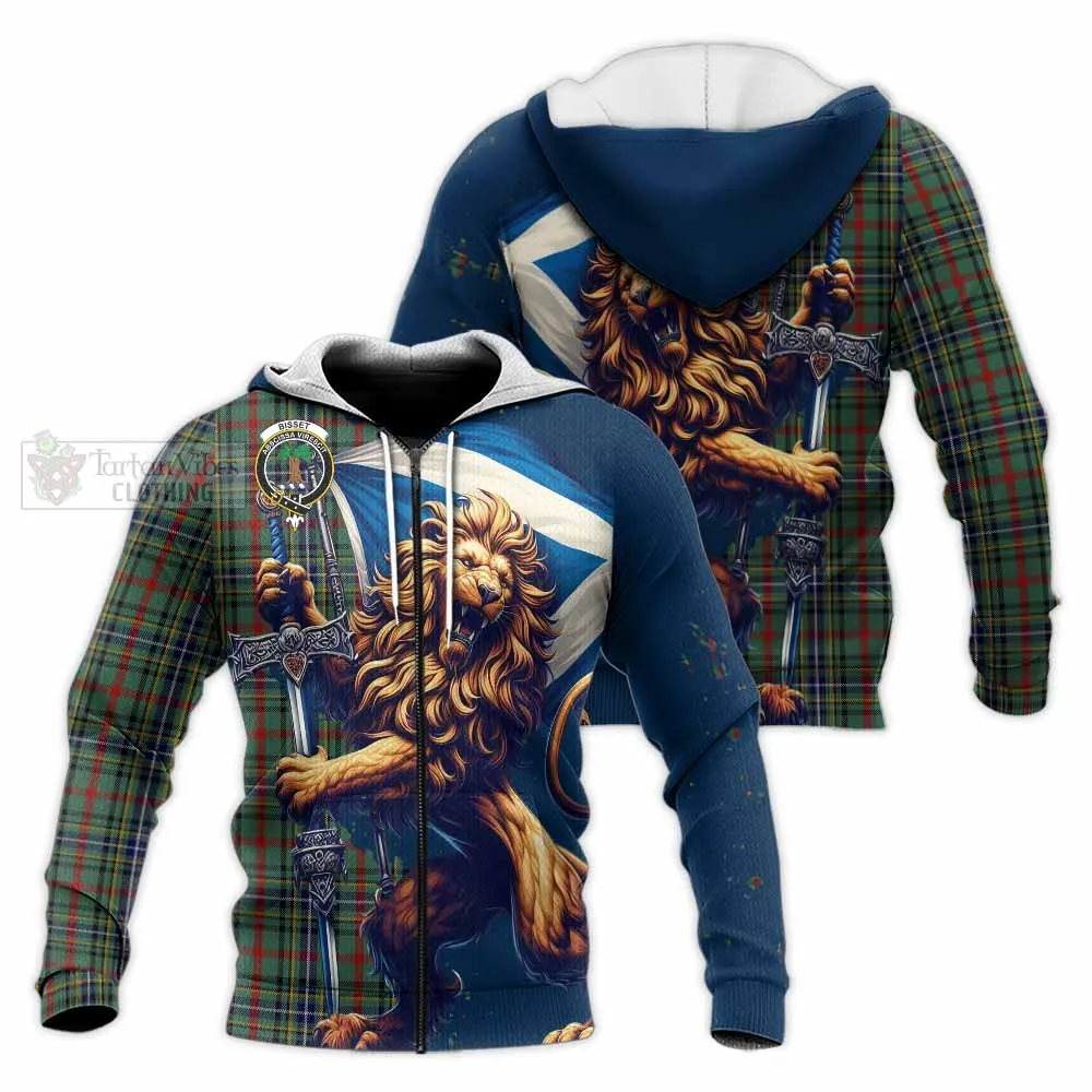 Bisset Tartan Family Crest Knitted Hoodie with Scottish Majestic Lion