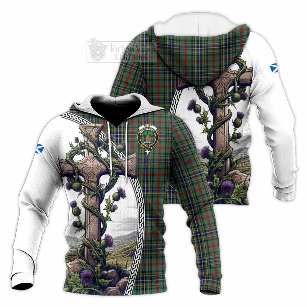 Bisset Tartan Knitted Hoodie with Family Crest and St. Andrew's Cross Accented by Thistle Vines