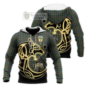 Bisset Tartan Knitted Hoodie with Family Crest Celtic Wolf Style