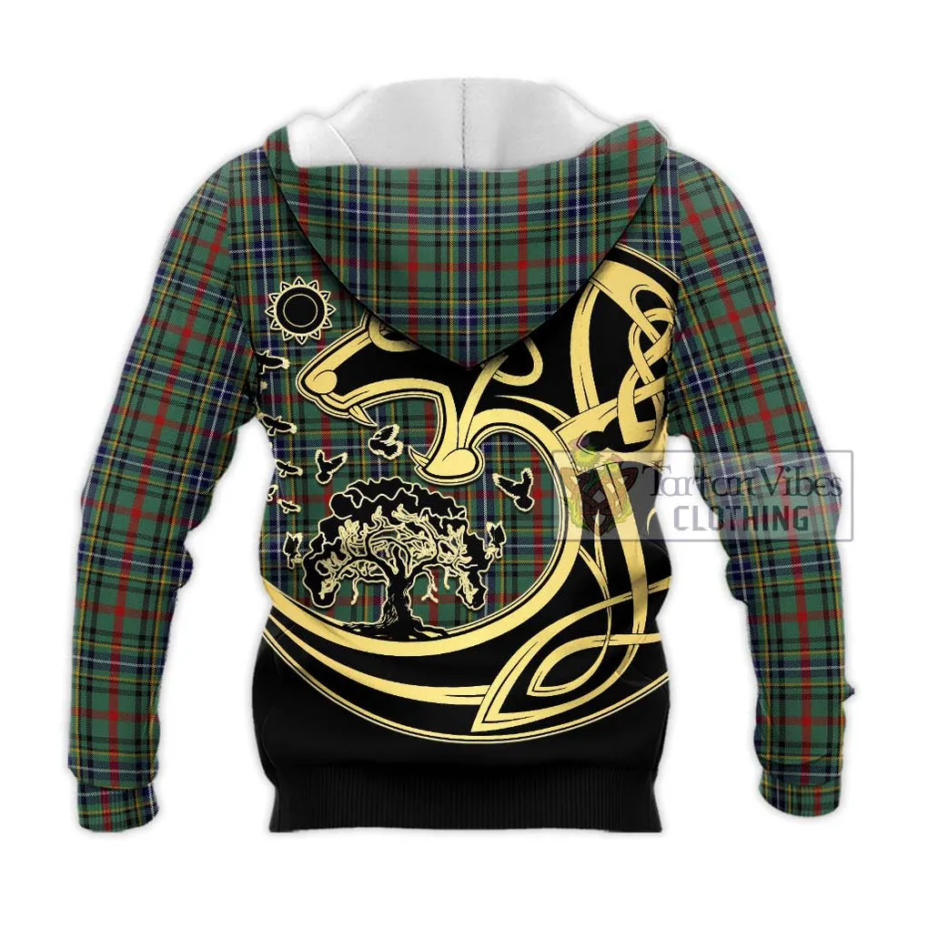 Bisset Tartan Knitted Hoodie with Family Crest Celtic Wolf Style