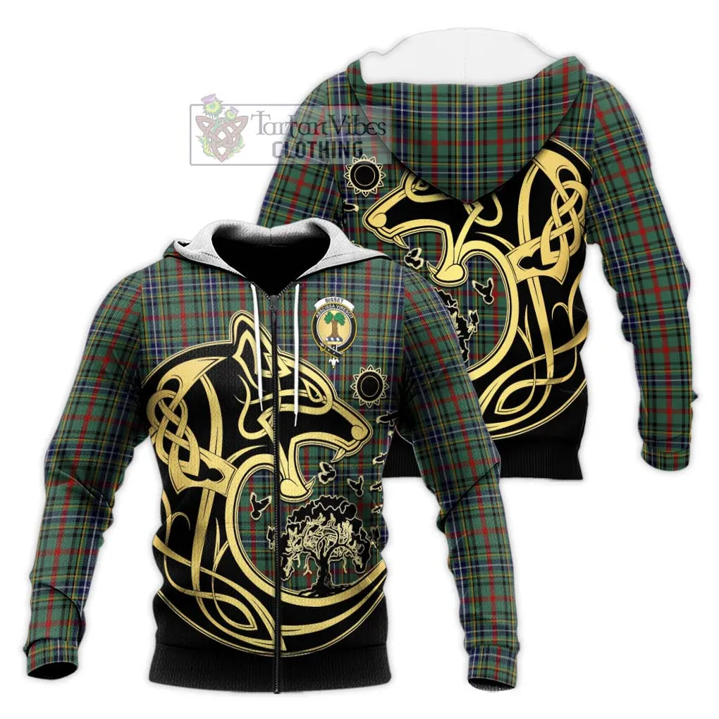 Bisset Tartan Knitted Hoodie with Family Crest Celtic Wolf Style