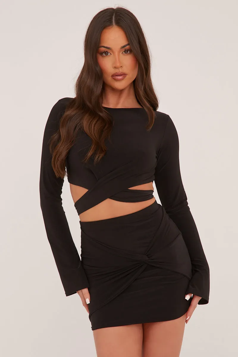 Black Long Sleeve Cropped Top & Twist Detail Mini Skirt Co-ord Set - Lunaa