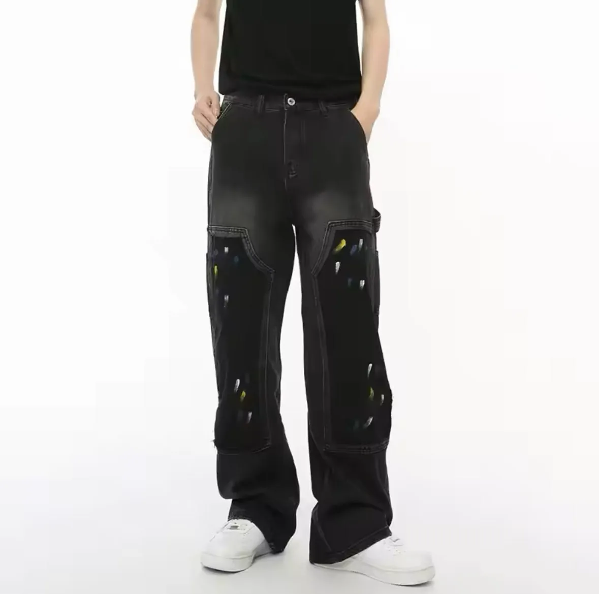 Black Paint Splatter Double Knee Wide Leg Jeans