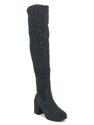 Black Silver Spot Velvet Block Heel Long Boots