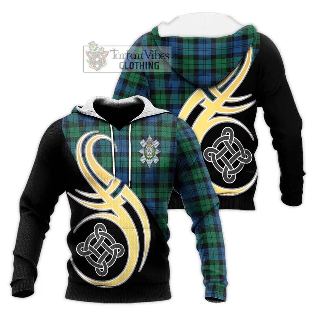 Black Watch Ancient Tartan Knitted Hoodie with Family Crest and Celtic Symbol Style