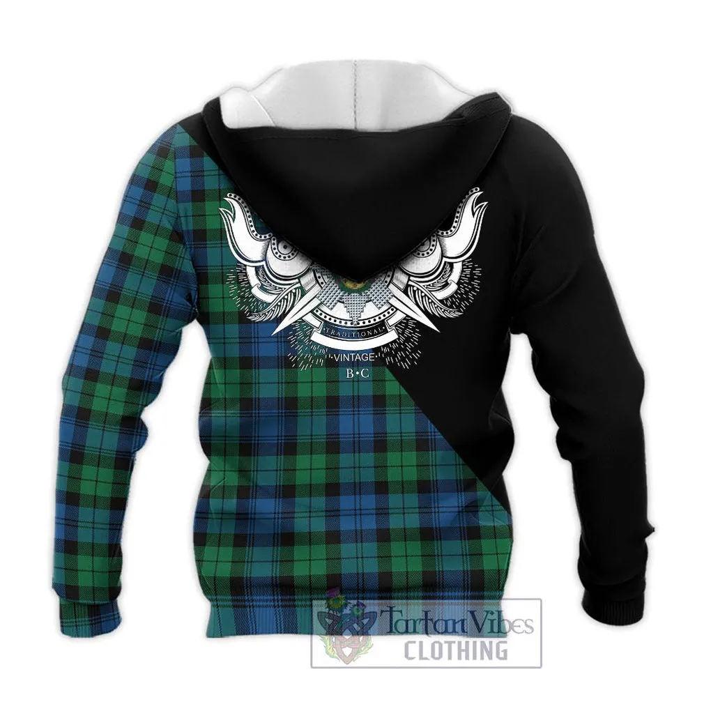 Black Watch Ancient Tartan Knitted Hoodie with Family Crest and Military Logo Style