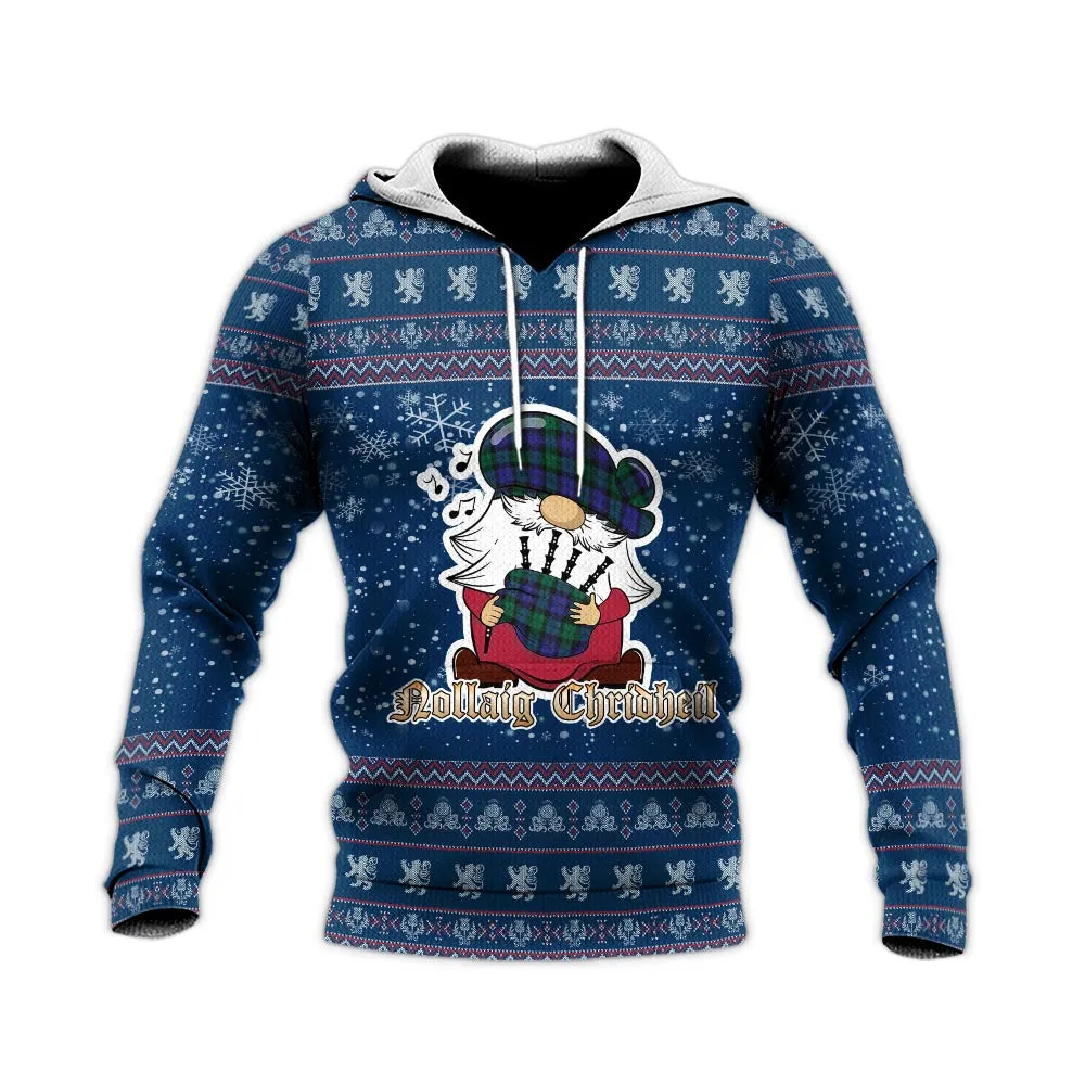 Black Watch Modern Clan Christmas Knitted Hoodie with Funny Gnome Playing Bagpipes