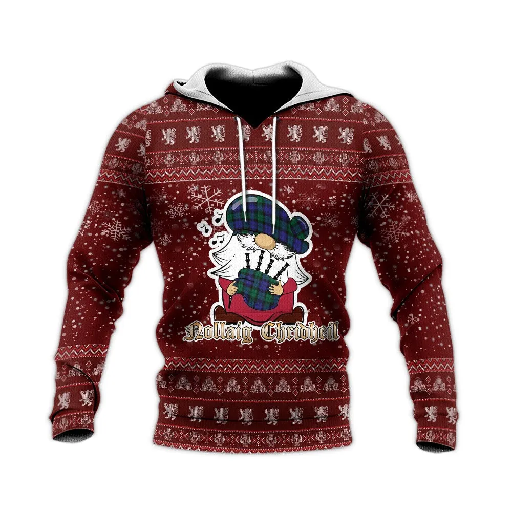 Black Watch Modern Clan Christmas Knitted Hoodie with Funny Gnome Playing Bagpipes