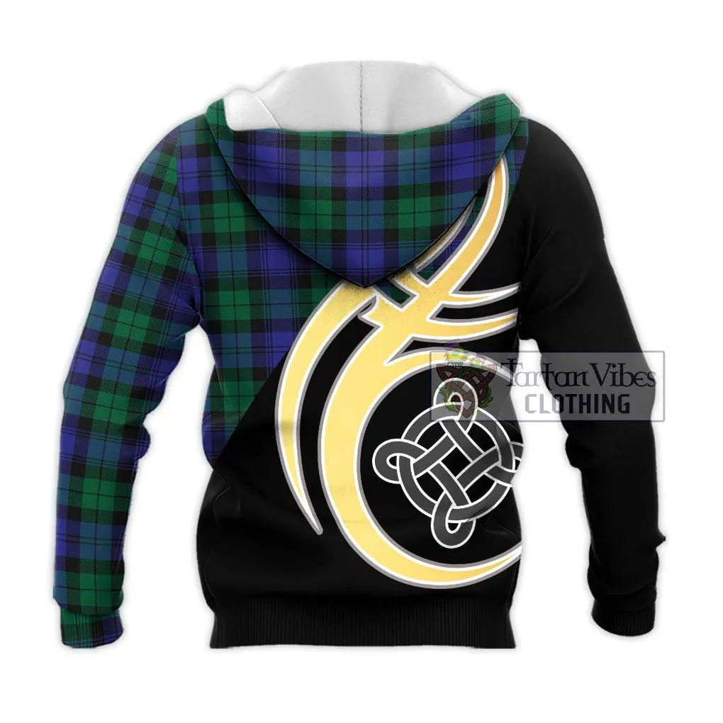 Black Watch Modern Tartan Knitted Hoodie with Family Crest and Celtic Symbol Style