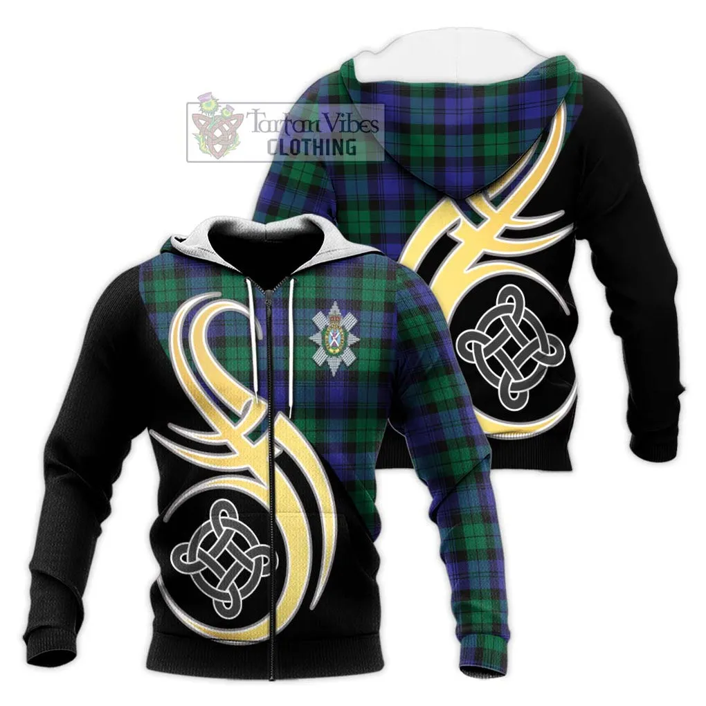 Black Watch Modern Tartan Knitted Hoodie with Family Crest and Celtic Symbol Style