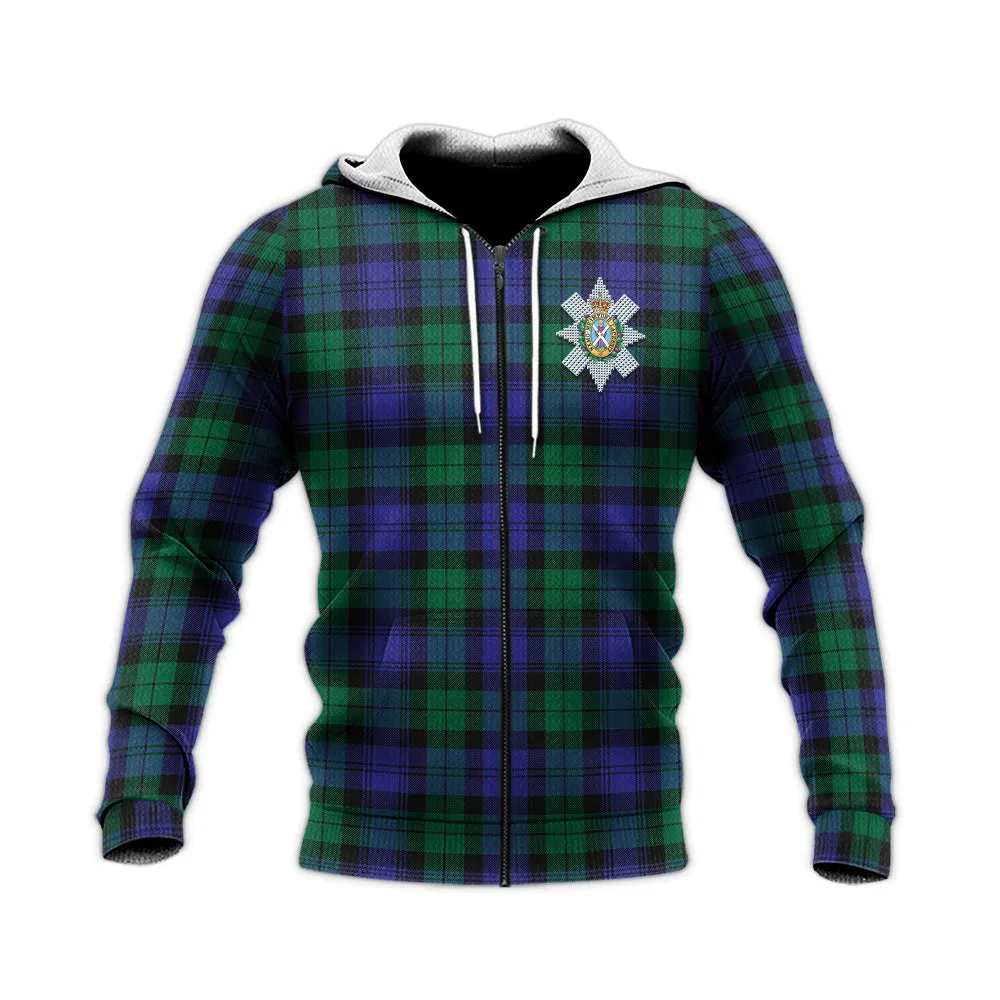 Black Watch Modern Tartan Knitted Hoodie with Family Crest