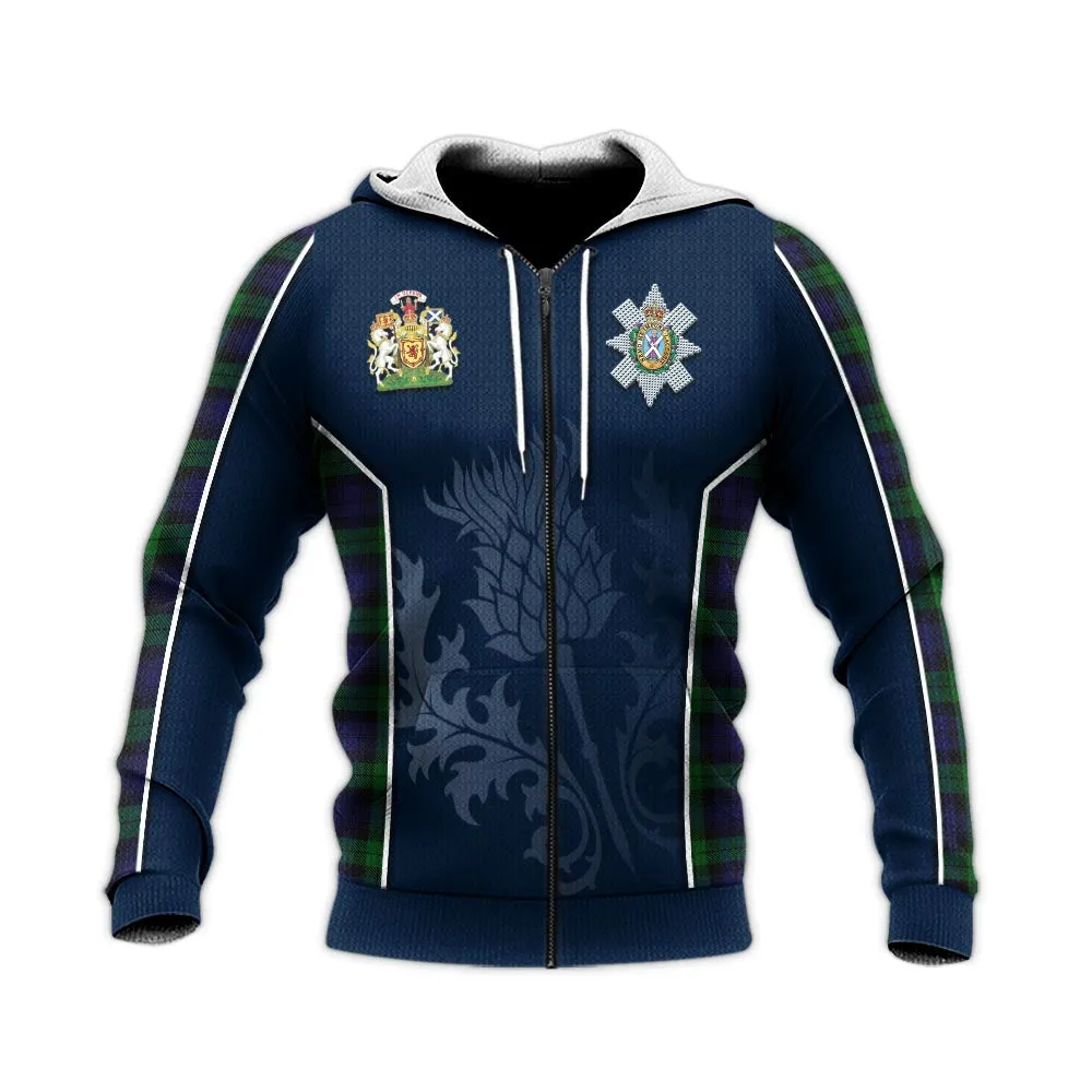 Black Watch Tartan Knitted Hoodie with Family Crest and Scottish Thistle Vibes Sport Style