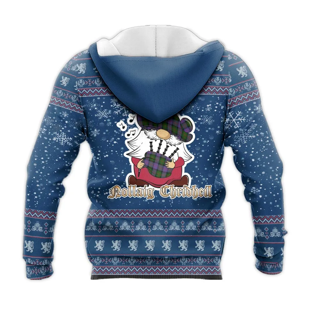 Blair Modern Clan Christmas Knitted Hoodie with Funny Gnome Playing Bagpipes