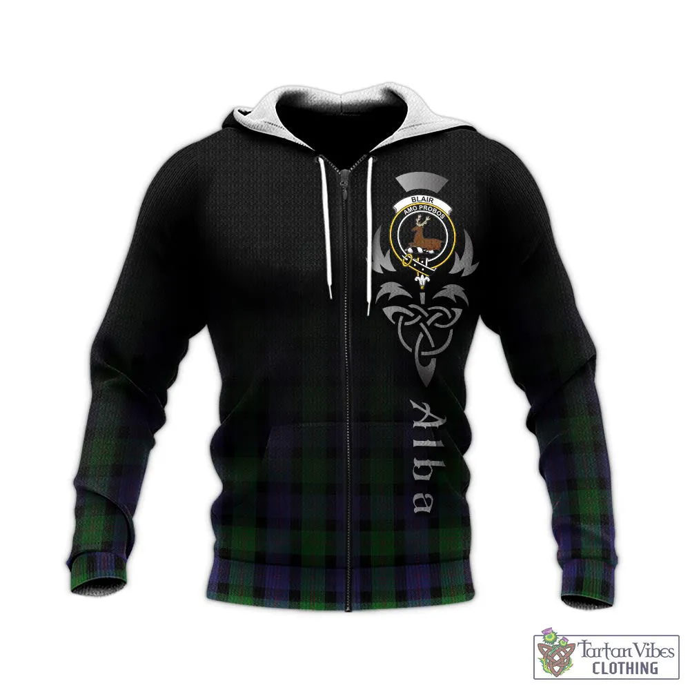 Blair Tartan Knitted Hoodie Featuring Alba Gu Brath Family Crest Celtic Inspired