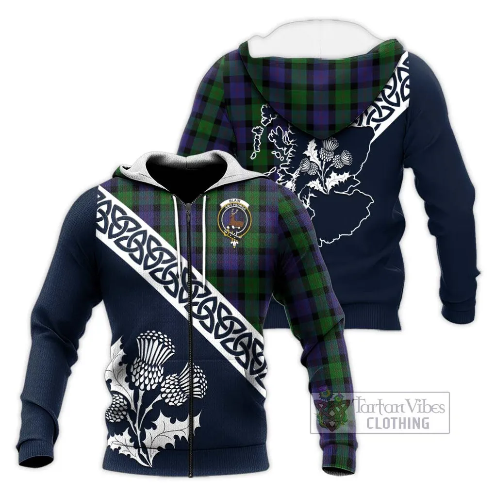 Blair Tartan Knitted Hoodie Featuring Thistle and Scotland Map